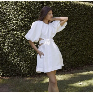 AJE Aje. Mimosa Bow‎ Back Linen Silk Blend Mini Dress Puff Sleeves AU 14/US XL